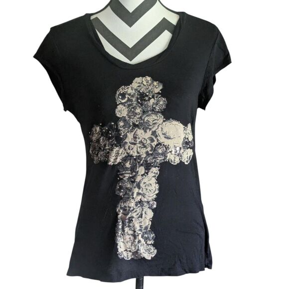 Rock & Republic M Black Floral Cross Graphic Tee - Picture 1 of 6
